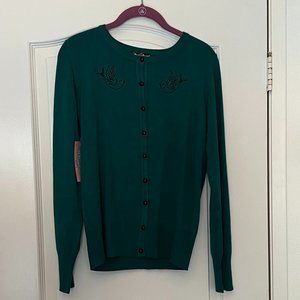 Teal Green Sparrows Button Down Cardigan Sweater